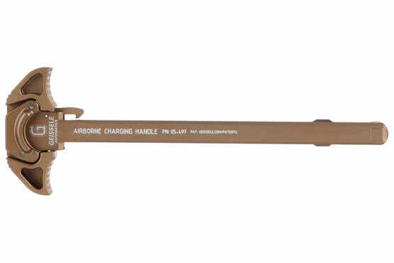 The Geissele Automatics Airborne charging handle features a desert dirt anodized finish
